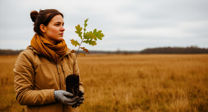 Woman holding a small oak sapling in an open autumn field. Environmental activist preparing to plant a tree for reforestation. Sustainability concept for ecology and climate change campaigns.