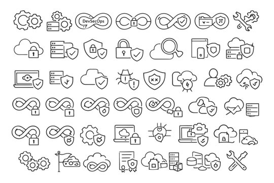Devsecops security icons collection featuring cloud, lock, and shield elements.