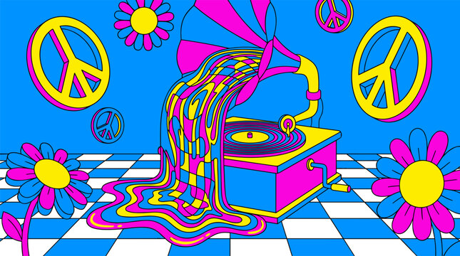 Surreal Melting Phonograph Record Player With Liquid Vinyl Waves Pop Surrealism Flat Illustration With Bold Outlines