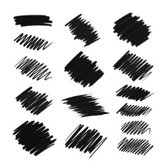 Naklejka premium black hand-drawn graphic elements set: grunge underlines, sketchy strikethroughs, and brush strokes, showing rough ink texture. isolated on white, macro detail, high contrast studio photo concept for