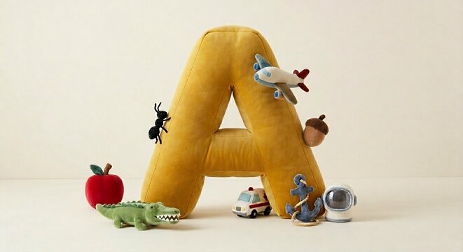 Educational Alphabet Concept: Plush Velvet Letter A with Object Toys for Kids Learning