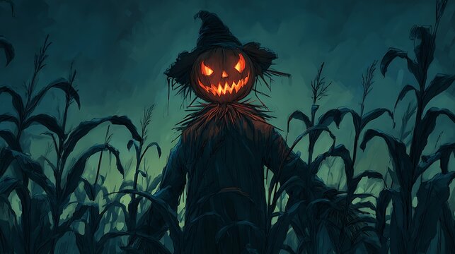 Eerie illuminated scarecrow with pumpkin head in a dark cornfield at midnight