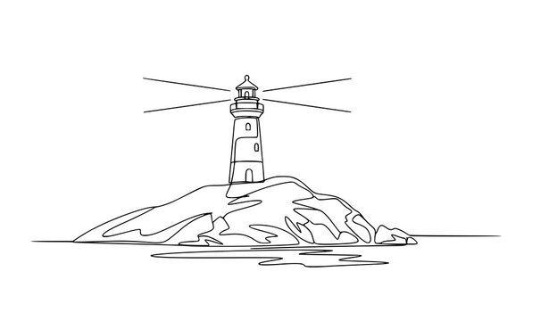 Coastal lighthouse hill continuous line art vector minimalist sea shore outline landscape design