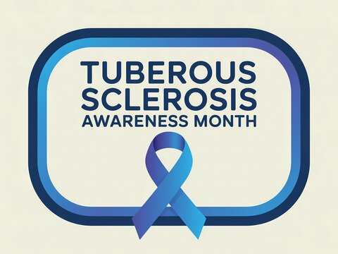Tuberous sclerosis awareness month banner with blue awareness ribbon and decorative border
