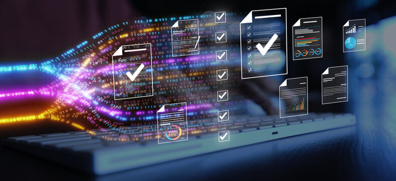 Document management concept, check electronic documents on digital documents on virtual screen Document Management System and process automation to efficiently document paperless operate