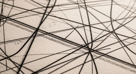 Fototapeta premium Artistic abstract lines in black and white on textured paper with copy space