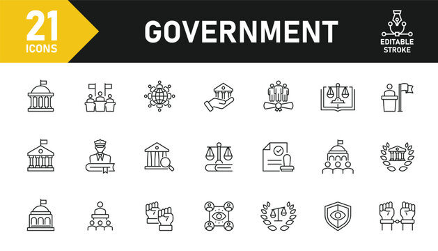 Government line icon set. Set of 21 outline icons related to legal office, law, debate, election, corruption, public services and others. Editable stroke. Vector illustration.