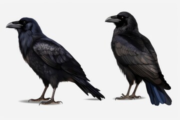 Naklejka premium Two black ravens standing on a white background, concept of wildlife or mystery