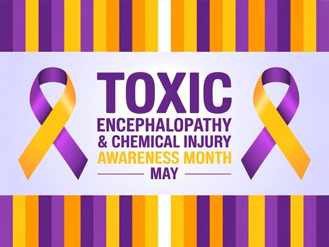 Toxic encephalopathy and chemical injury awareness month in may with purple and yellow ribbons