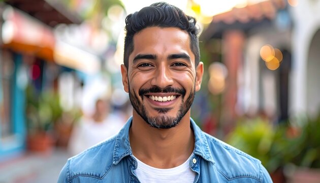 A smiling man with dark hair and a blue denim shirt is pictured outdoors with a blurred city background