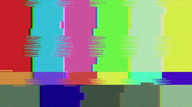 Vintage TV screen with vibrant color bars and distorted visual noise, depicting lost signal or system error