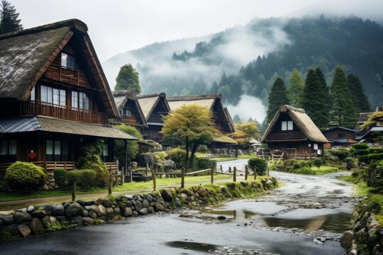 Traditional shirakawa go village houses with thatched gassho zukuri roofs nestled among mountains on a foggy day
