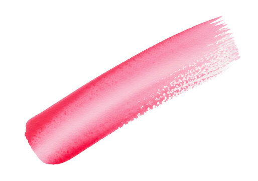 Diagonal watercolor brushstroke in rose pink and crimson blend, showing heavy pigment granulation and feathered diffusion on transparent paper, macro flat lay, concept of abstract artistic texture