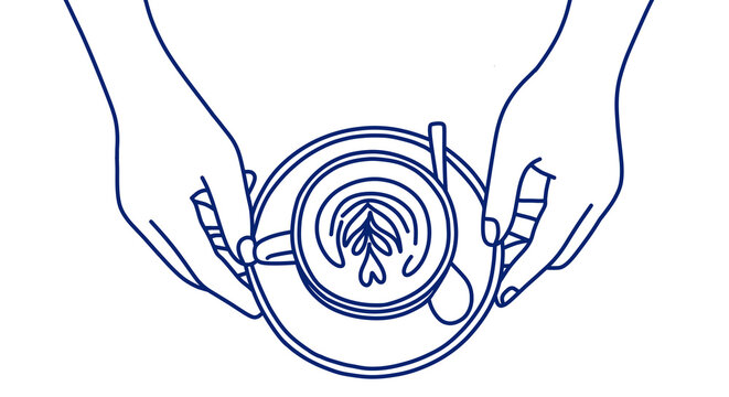 Top View Latte Art in Cup Held by Hands Line Illustration. hand touch and love process