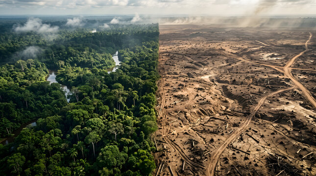 Excavator Cutting Trees in Forest, Environmental Damage and Deforestation Concept