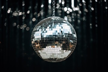 Obraz premium Disco ball reflecting bright lights while hanging in a dark club setting with bokeh