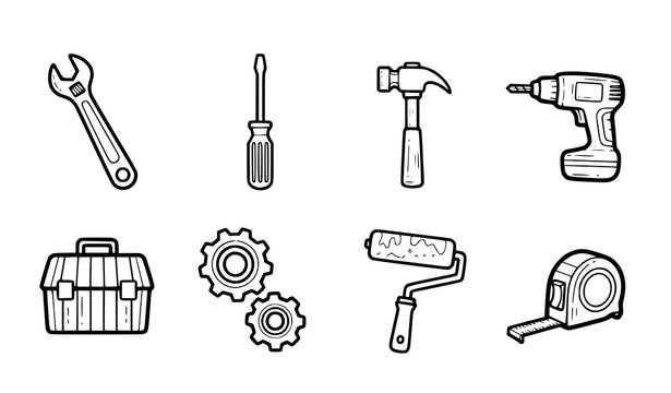 A set of black and white line art icons depicting various hand tools and equipment for construction and repair work