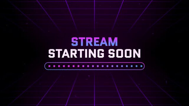Neon stream starting soon screen with loading bar, retro purple grid background for live streaming and gaming