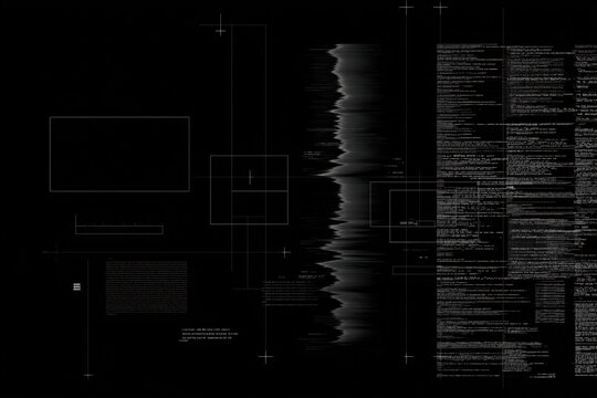 Digital graphical data interface with code and grid patterns on a black background