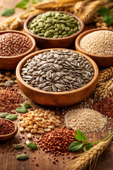 Fototapeta premium Variety of Healthy Seeds: A visually striking arrangement of various seeds and grains, showcased in wooden bowls. Evoking a sense of natural health and organic goodness. 