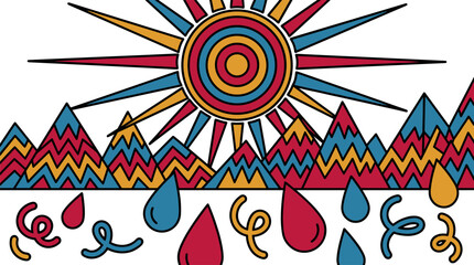Fototapeta premium Geometric Sun and Mountain Vista with Zig Zag Patterns Pop Surrealism Flat Illustration with Bold Outlines
