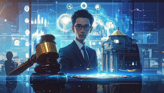 Businessman with gavel and scales in front of digital law governance and regulation interface