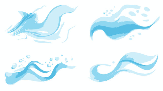 Four abstract watercolor graphics depicting flowing water, bubbles, and wave patterns on a white background