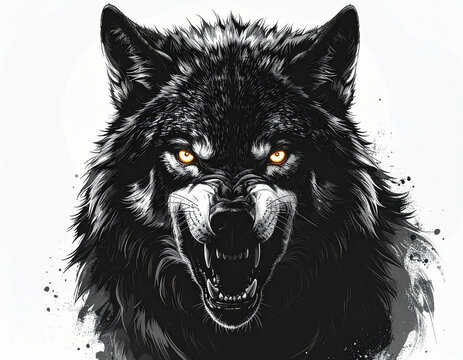 An aggressive wolf demon shows its detailed fur and glowing eyes on a white background.