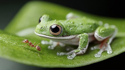 Obraz premium Green tree frog perches on a broad leaf. Tiny red ant crawls nearby, curious and cautious. Glowing eyes, soft textures, vivid colors dominate the frame. Dark background highlights natural details