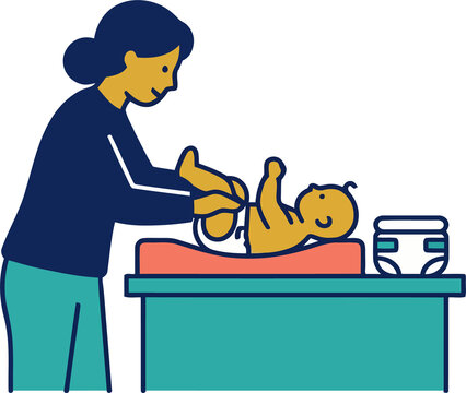 A mother changing a baby's diaper on a changing table with a stack of diapers nearby.