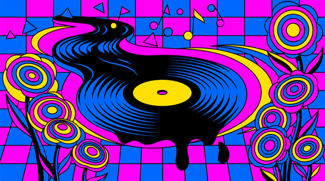 Melting Vinyl Record River with Geometric Musical Notes and Daisies, Pop Surrealism Flat Illustration with Bold Outlines