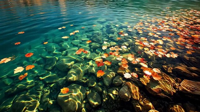 Autumn leaves floating on clear water