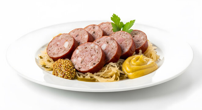 Slovene pork sausage or kranjska klobasa served with mustard sauce on white plate against white background