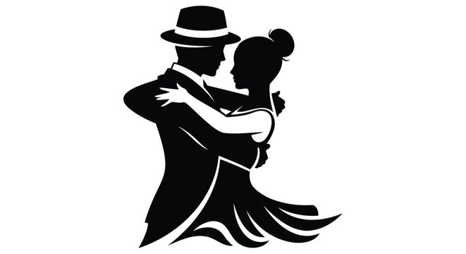 Tango dance couple, ballroom dance vector, black silhouette illustration, romantic partner dance