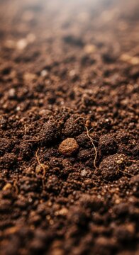 Close-up macro view of fertile, dark brown garden soil showcasing excellent granular structure and ideal tilth for planting crops, brown, topsoil, structure