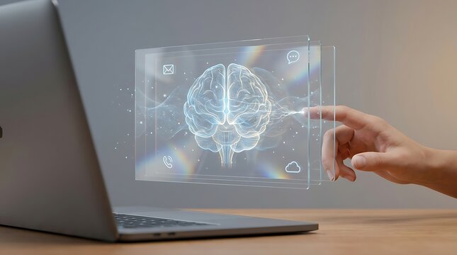 Interaksi Tangan dengan Otak Digital di Layar Laptop Konsep AI