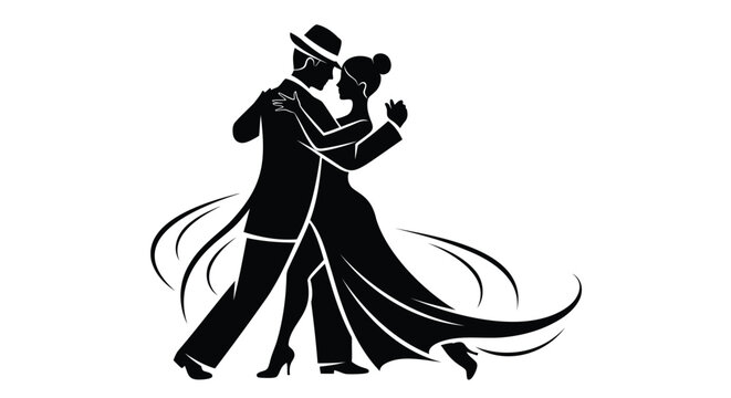 Tango dance couple, black silhouette, vector illustration, dancing man and woman