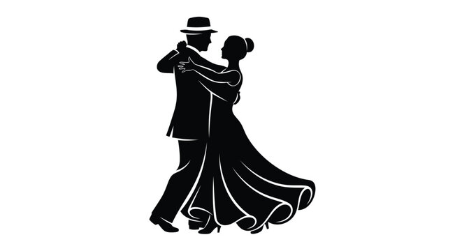 Tango dance couple, ballroom dance vector, black silhouette illustration, romantic partner dance