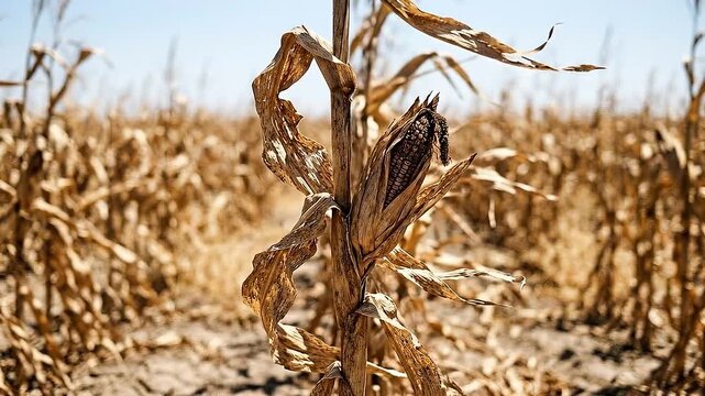 Drought corn stalk dry field harvest climate arid. dried corn stalk parched field highlighting environmental risk to agriculture and business