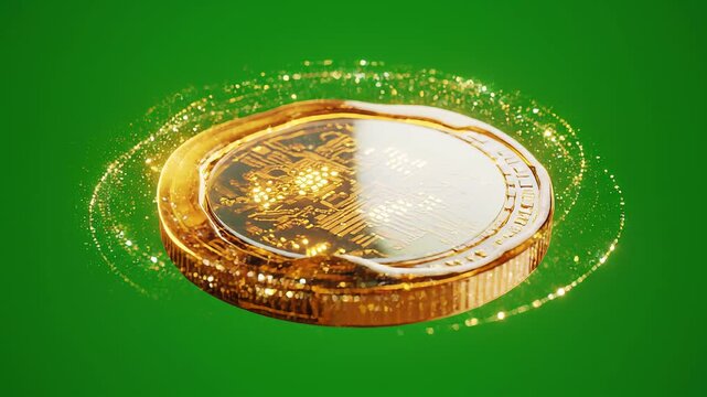 Golden Circuit Coin Floating in Emerald Green Fluid.