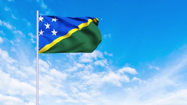 Flag of Solomon Islands Waving in the wind, blue sky with clouds Background, Slow Motion, Realistic Animation, 4K