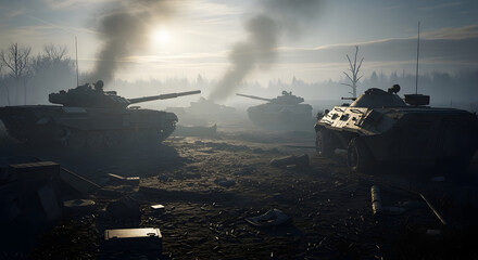 Fototapeta premium Military tanks and armored vehicles shrouded in smoke and mist on a battlefield at sunrise, depicting a scene of conflict and war.