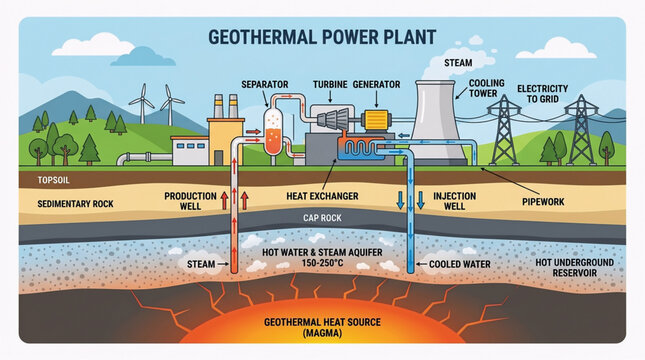 Illustrated scheme of a clean geothermal power plant harnessing natural underground heat for electricity production