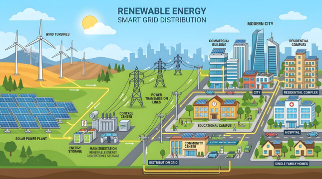 Sustainable Smart Grid Network Renewable Energy Distribution for Modern Cities and Communities