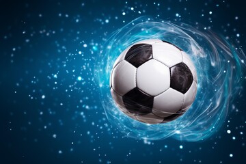 Fototapeta premium Soccer ball surrounded by glowing blue smoke and light particles on a dark background