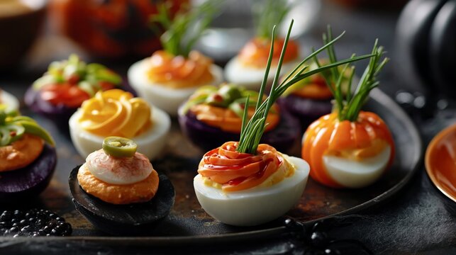 Halloween-themed deviled eggs garnished with festive toppings. Each egg crafted with pumpkin, green onions, and colorful accents. Plated on dark surface with seasonal decor in soft focus background