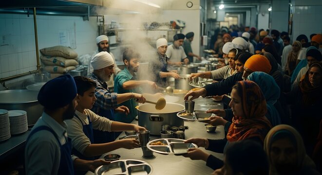 Volunteers serving food in a busy community kitchen langar hall