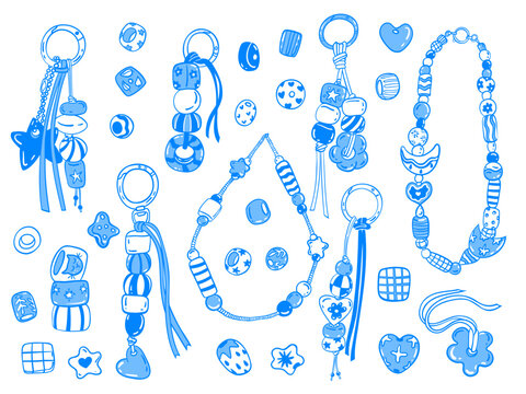 Crafting beads, keychains, and pendants from ceramic beads is a hobby illustrations collection. Hand-drawn vector linework sketch doodles. Flat navy outline isolated icons in Mediterranean blue style.