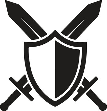 Shield and crossed swords icon, medieval battle emblem vector silhouette.