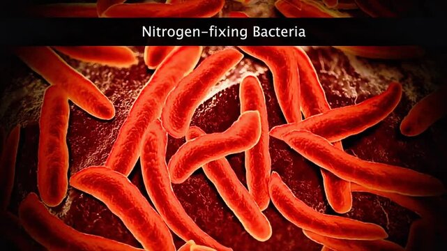 3D animation showing nitrogen fixing bacteria converting atmospheric nitrogen into ammonia in soil.